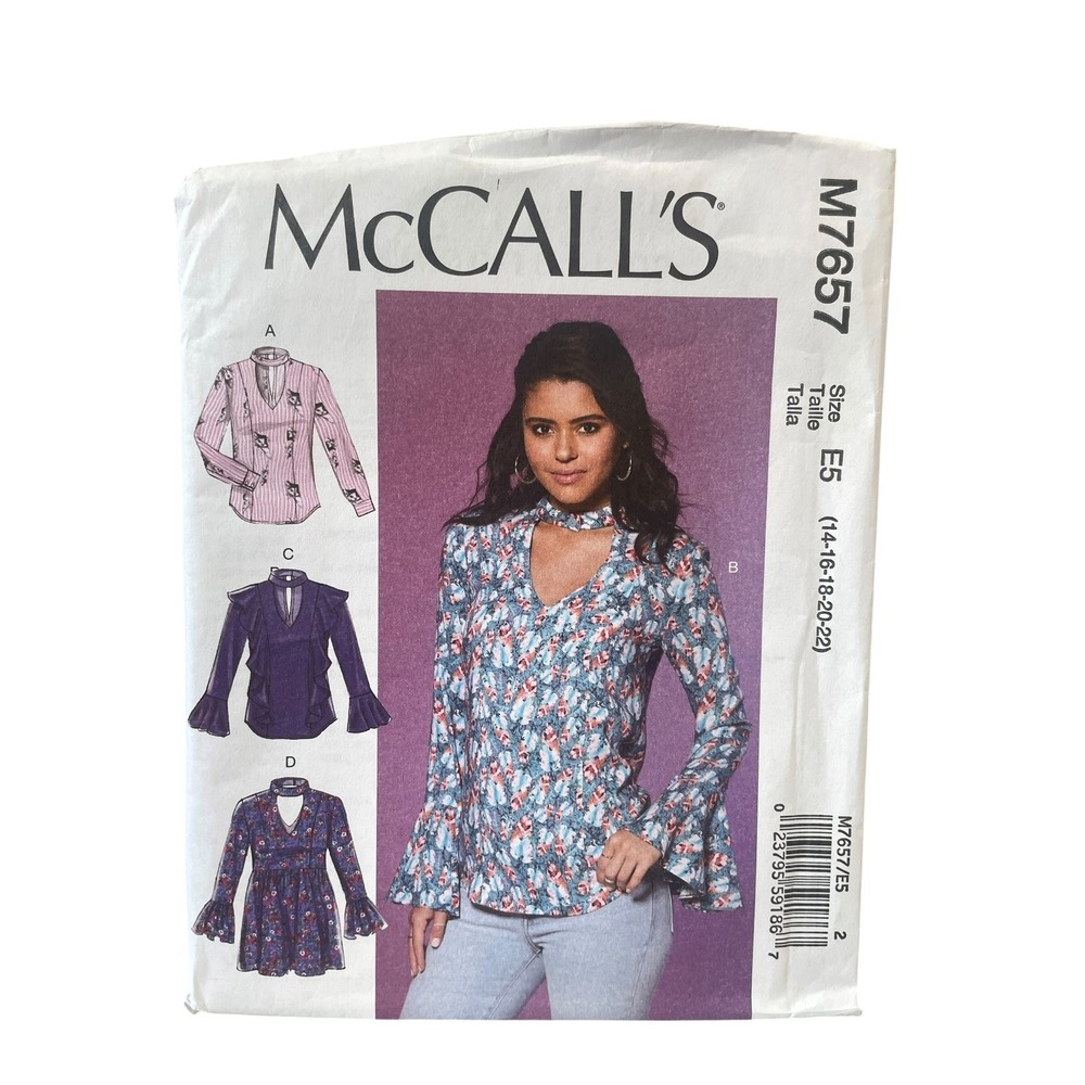 McCall's Sewing Pattern Misses 14-22 M7657 Tops Tunic Keyhole Choker Bell Sleeve